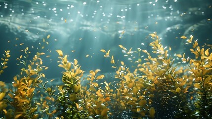 Sticker - Underwater scene with sunlight filtering through water, highlighting vibrant aquatic plants.