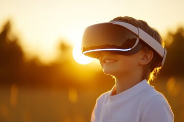 Sticker - Child wearing a VR headset in a sunny outdoor setting representing the joyful and immersive qualities of modern technology in a natural environment