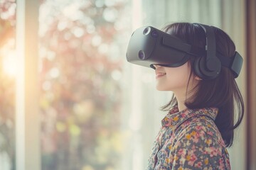 Woman wearing a futuristic VR headset in a light filled room symbolizing the intersection of technology and everyday life in a modern serene environment