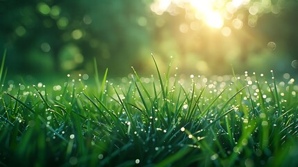 Poster - A close-up of dew-covered grass illuminated by soft sunlight in a serene environment.