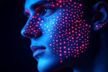 Poster - Close up of a mans face with digital dots representing the fusion of human identity and technology in a futuristic data driven environment