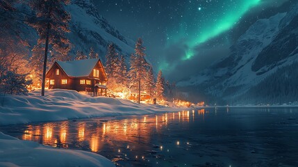 a glowing cabin beside a tranquil, snow-covered lake with aurora borealis in the night sky.