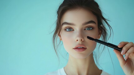 Wall Mural - Young woman applying mascara to her eyelashes, looking into the camera with a blue background.