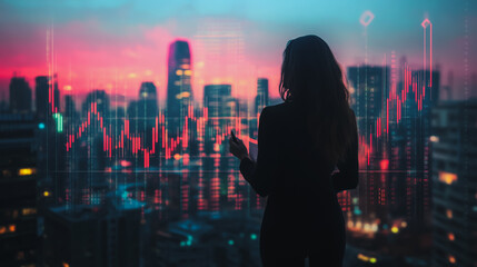 Abstract business woman stands on the peak of success amid tall, innovative  Smart city and graphs with statistics to analyze business potential and predict future developments in company growth.