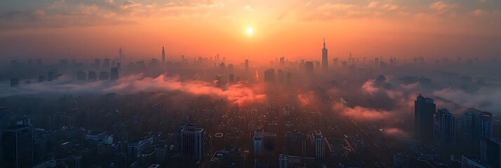 Wall Mural - A stunning city skyline at sunset, shrouded in mist, evoking a sense of tranquility.