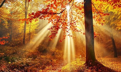 Wall Mural - sunlight filters through autumn forest with golden and red leaves