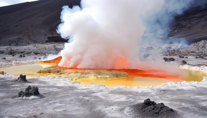  Erupting volcano in a geothermal landscape