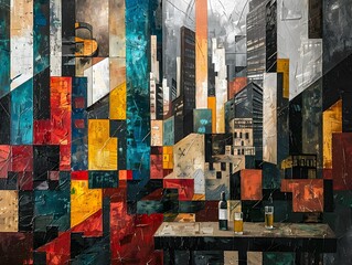 Canvas Print - Abstract Cityscape with Wine and Glass.