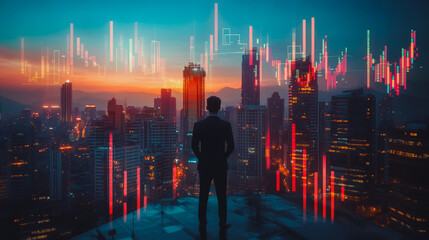 Wall Mural - Abstract business man stands on the peak of success amid tall, innovative  Smart city and graphs with statistics to analyze business potential and predict future developments in company growth.