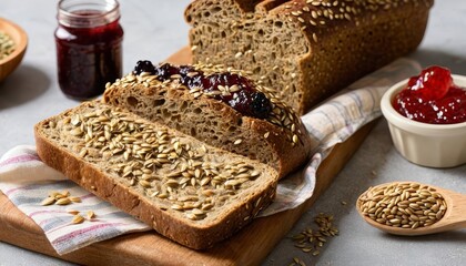 Wall Mural -  Deliciously toasted whole grain bread with jam and seeds