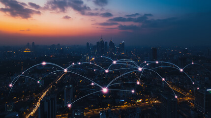 Smart digital city with connection network reciprocity over the cityscape . Concept of future smart wireless digital city and social media networking systems that connects people within the city