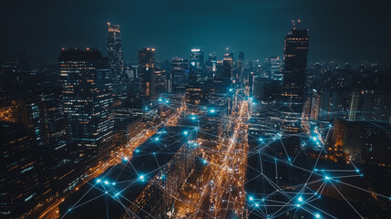 Smart digital city with connection network reciprocity over the cityscape . Concept of future smart wireless digital city and social media networking systems that connects people within the city