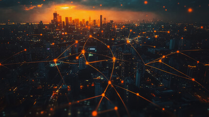 Smart digital city with connection network reciprocity over the cityscape . Concept of future smart wireless digital city and social media networking systems that connects people within the city