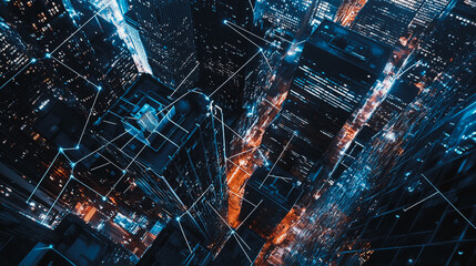 Smart digital city with connection network reciprocity over the cityscape . Concept of future smart wireless digital city and social media networking systems that connects people within the city