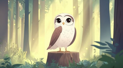 Poster - A charming owl finch perched on a tiny root, showcasing delightful textures in a stylish flat illustration.