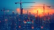 © PixelPlace - A futuristic city under construction during sunset, with cranes and glowing digital outlines, symbolizing the development of a smart, interconnected urban environment.