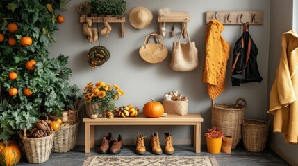 Poster - Stylish entryway with a rustic wooden bench, wicker baskets, fall foliage, and pumpkins.