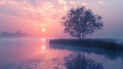 Wall Mural - A serene landscape at sunrise, featuring a tree and calm water reflecting soft colors.