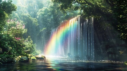 Sticker - A serene waterfall surrounded by lush greenery and a vibrant rainbow.