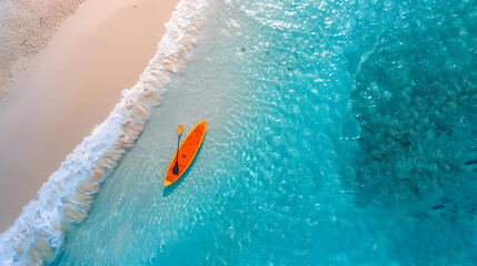 An orange and blue paddleboard on the beach, a bird's eye view, high definition photography, clean white sand, clear turquoise sea water, waves lapping at shore edge, and a sense of calmness.