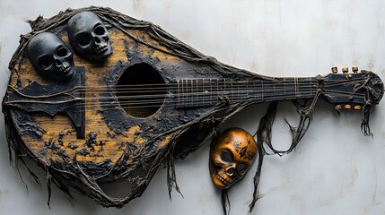 a shattered lute with worn strings, eerie halloween masks draped over it, realistic texture and ligh