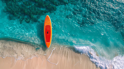 An orange and blue paddleboard on the beach, a bird's eye view, high definition photography, clean white sand, clear turquoise sea water, waves lapping at shore edge, and a sense of calmness.