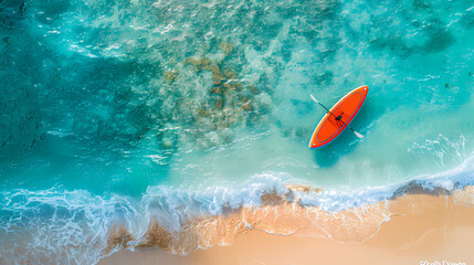 An orange and blue paddleboard on the beach, a bird's eye view, high definition photography, clean white sand, clear turquoise sea water, waves lapping at shore edge, and a sense of calmness.