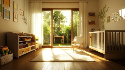 Sticker - A bright and airy nursery with a view of a lush garden through large windows.