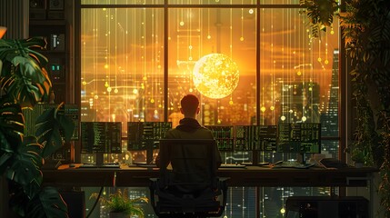 Hacker at Work in a Futuristic City.