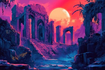 Ancient Ruins Bathed in a Pink and Blue Sunset