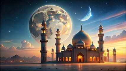 Mosque with moon in background, Islamic, architecture, spirituality, religion, moon, night, peaceful, serenity