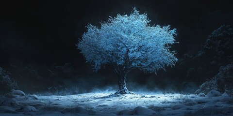 In the heart of the winter forest, as the dark engulfed everything, a solitary tree stood tall, its branches covered in a pristine white snow blanket. The only source of light was a faint blue glow