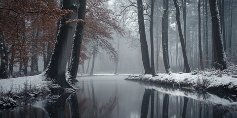 Sticker - A water body enclosed by trees in a dense woodland, blanketed with snow on the ground and shrouded in misty air 