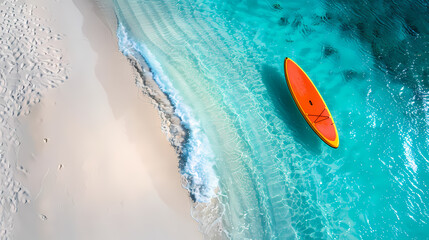 An orange and blue paddleboard on the beach, a bird's eye view, high definition photography, clean white sand, clear turquoise sea water, waves lapping at shore edge, and a sense of calmness.