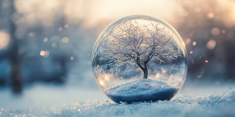 Wall Mural - Snowy tree enclosed in glass sphere, capturing the essence of a winter landscape.