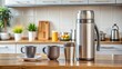 © Sujid - Thermos and thermos mug with hot drinks in sunshine-filled modern kitchen , hot drinks, thermos, sunny, kitchen, morning