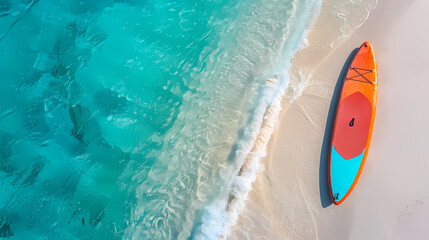 An orange and blue paddleboard on the beach, a bird's eye view, high definition photography, clean white sand, clear turquoise sea water, waves lapping at shore edge, and a sense of calmness.