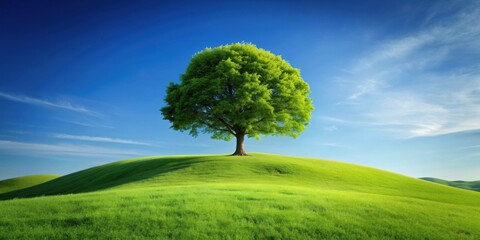 Poster - Tree standing tall on a lush green hill, tree, grassy, hill, nature, landscape, serene, peaceful, outdoors, scenery