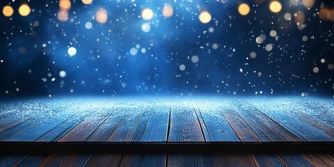 Wall Mural - winter snowy stage background with wooden flooring and christmas lights on blue background banner format copy space