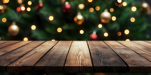 Canvas Print - wooden table top for product display mockup with festive christmas tree background 