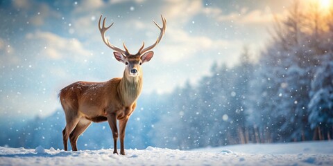 Poster - Christmas deer standing gracefully in the snow , winter, holiday, festive, nature, wildlife, reindeer, cold, season, white