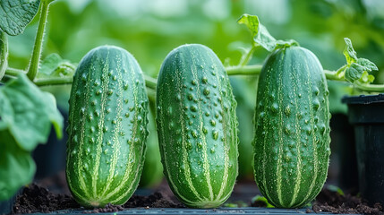 Cucumbers hanging from a branch in a farm of cucumbers background 