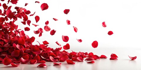 Poster - Falling red rose petals on a white background , romantic, love, passion, Valentine's Day, beauty, floral, delicate, soft