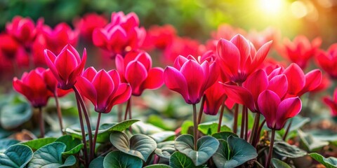 Poster - Vibrant red spring cyclamen flowers blooming in a garden, red, spring, cyclamen, flowers, garden, vibrant, blooming, nature