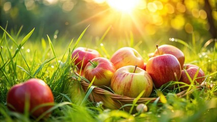 Sticker - Organic apples glowing in the summer grass, organic, apples, summer, grass, fresh, natural, healthy, ripe, fruit, produce