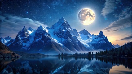 Wall Mural - Moonlight shining over majestic mountains, creating a serene and magical scene, Moonlight, mountains, majestic, serenade, silent