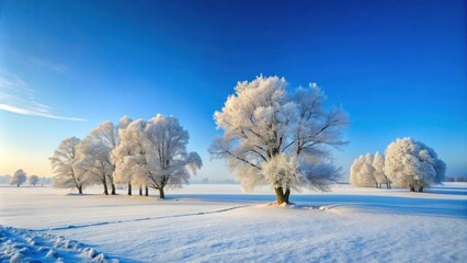 Poster - Snowy field with frosty trees, blue sky, fresh snow Tranquil winter wonderland, Winter, Snow, Trees, Frost, Blue sky