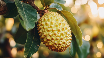 ripe durian fruit hanging on a tree. The durian's spiky, green exterior contrasts with the lush green foliage, highlighting nature's intriguing beauty and complexity