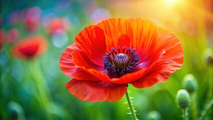 Wall Mural - Vibrant red poppy flower in full bloom , nature, garden, wildflower, floral, delicate, vibrant, red, bloom, beauty, petals