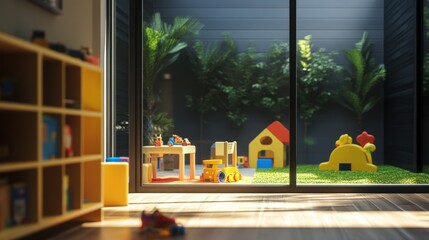 View of a sunny patio from inside a room with a bookshelf.